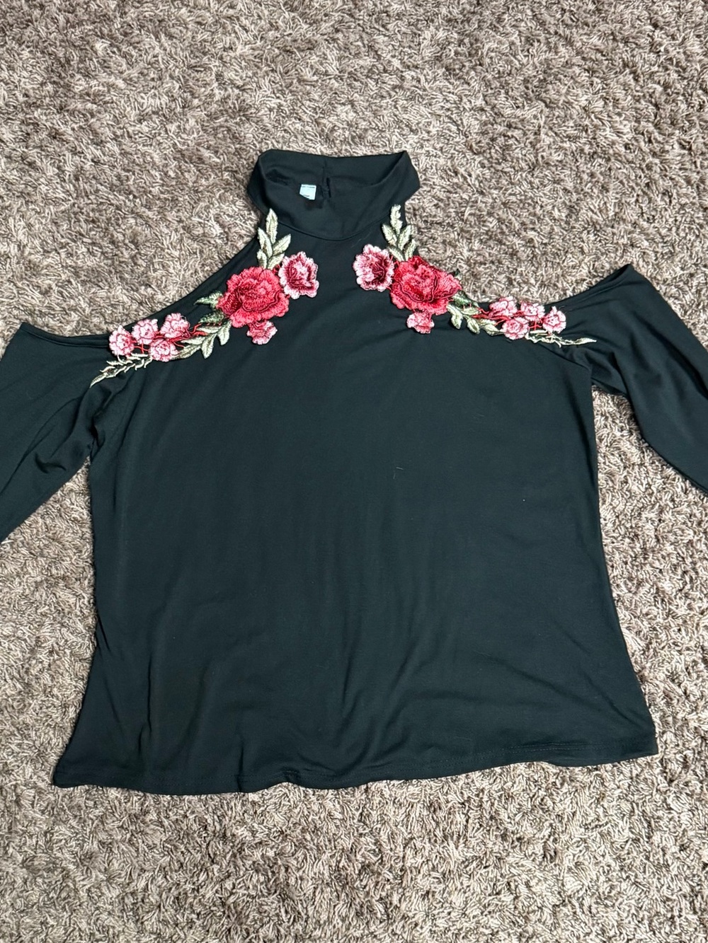Black Cold-Shoulder Top with Red Rose Embroidery
